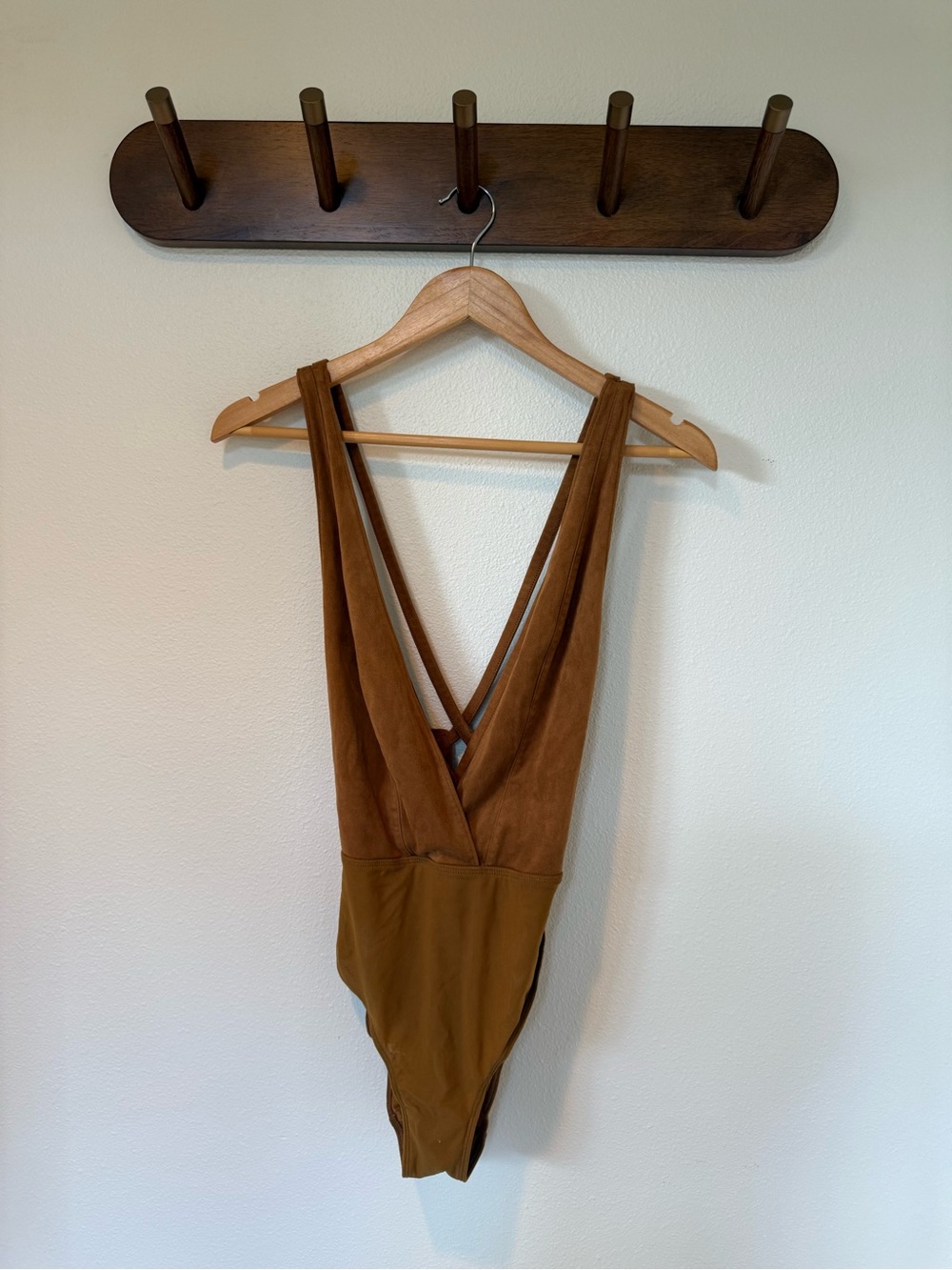 Brown Suede-Trim Deep V One-Piece Bodysuit